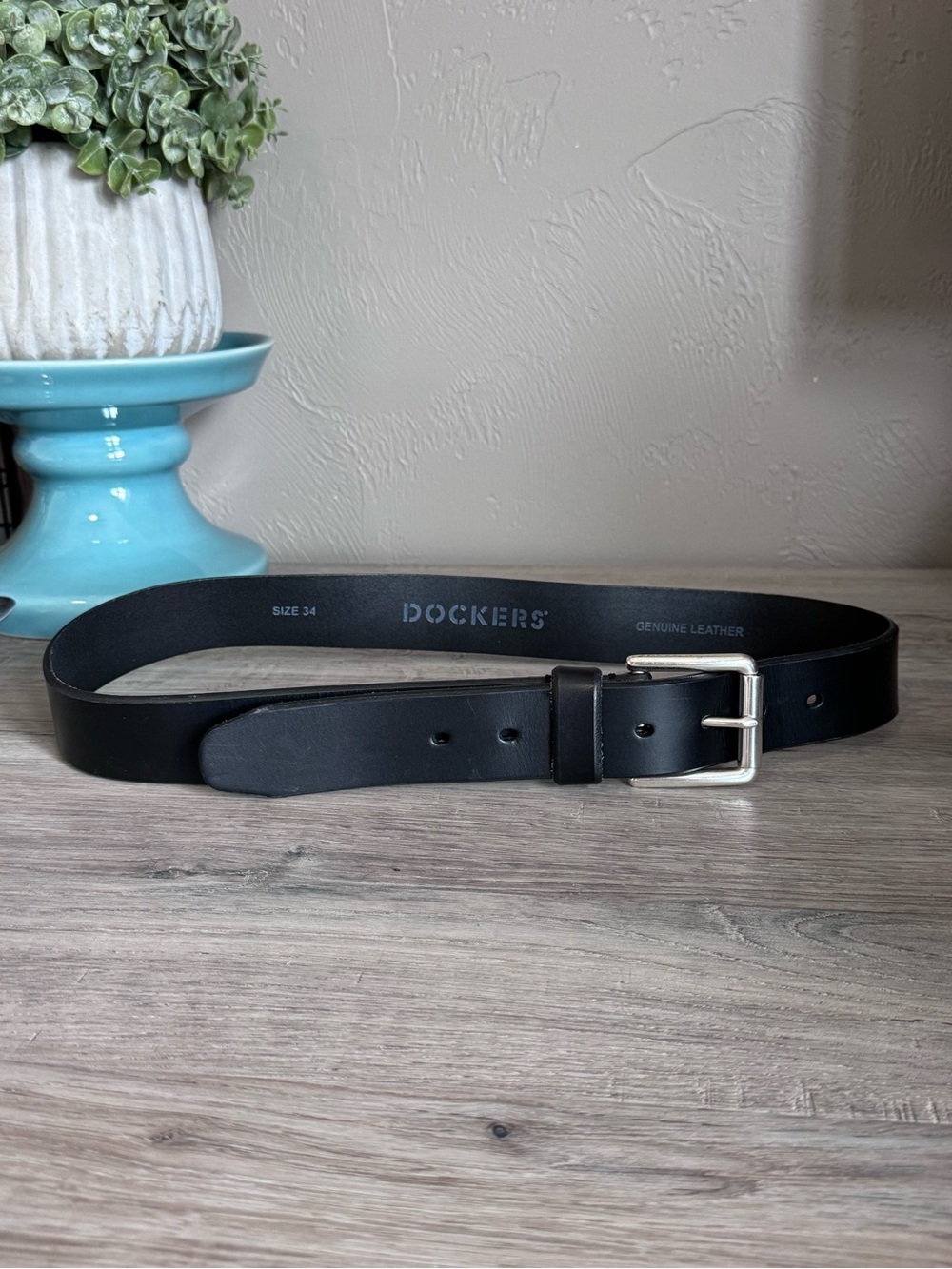 Dockers Genuine Leather Black Belt Size 34 Classic Silver Buckle 1.5”